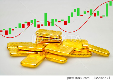 Many shiny gold bars and candlestick chart on white background 135483371