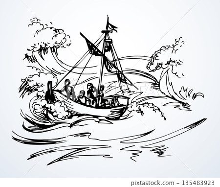 Vector drawing. Sailors on a ship in a storm Vector drawing. Sailors on a ship in a storm 135483923