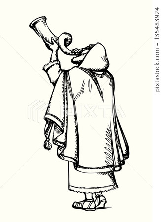 Vector drawing. Jewish man playing shofar 135483924