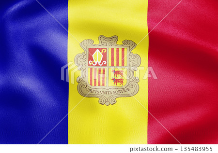 High detail waving national flag of Andorra with coat of arms and tricolor bands 135483955