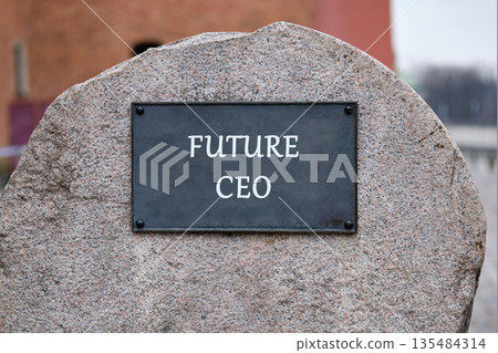 A plaque that reads FUTURE CEO is mounted on a large, weathered stone. A brick structure can be seen blurred in the background, implying an urban park A plaque that reads FUTURE CEO is mounted on a large, weathered stone. A brick structure can be seen blurred in the background, implying an urban park 135484314