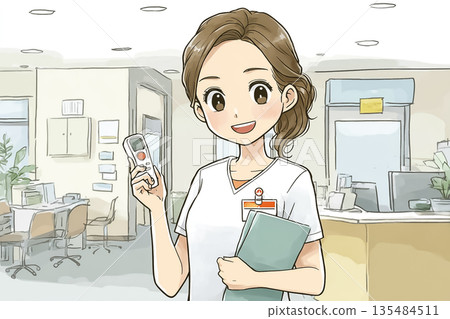 一位年輕護士拿著體溫計 | 簡明易懂的醫療保健和醫學資訊插圖 135484511