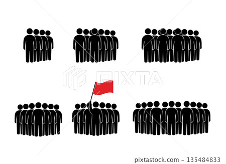 A set of black icons of people standing in a row without a background. 135484833