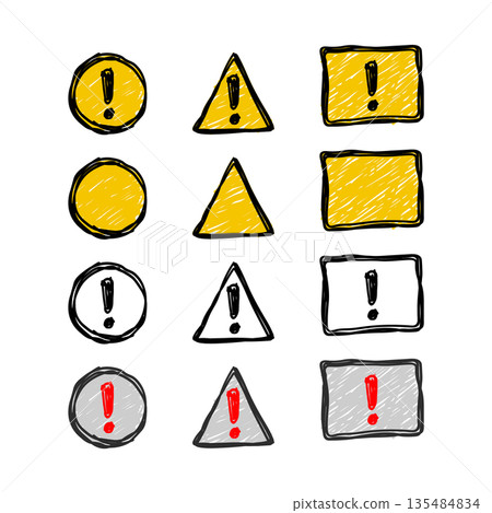A set of warning signs with an exclamation mark and empty frames in a hand drawn style without background A set of warning signs with an exclamation mark and empty frames in a hand drawn style without background 135484834
