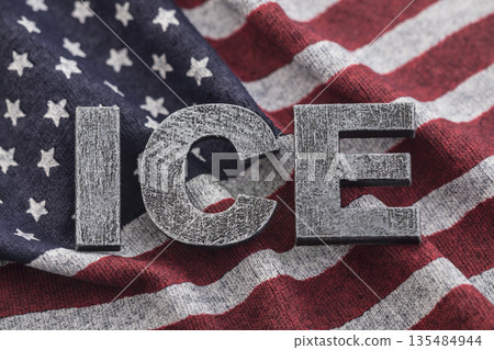 ICE Immigration and Customs Enforcement sign on American flag 135484944