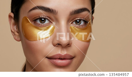 A young woman with radiant skin wears luxurious golden under-eye patches, looking directly at the viewer with a subtle, confident smile against a neutral background. 135484957