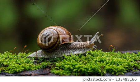 A garden snail with a spiral brown shell slowly glides over vibrant green moss on a dark log, with a softly blurred forest background. 135485160
