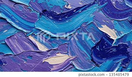 Thick impasto oil paint strokes in various shades of blue and purple create an abstract, textured background with visible brushwork and creamy white accents. 135485479
