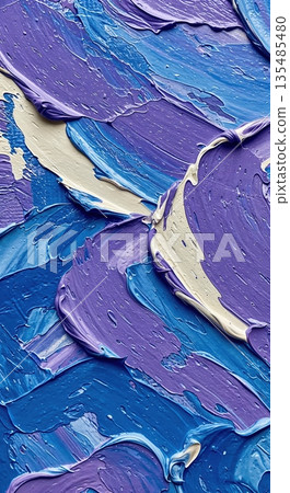 Thick impasto oil paint strokes in vibrant shades of blue, purple, and cream create a dynamic and textured abstract background with visible brushwork. 135485480