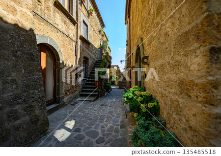 Charming narrow stone alley with stairs and archway in a historic village. Traditional architecture, textured stone walls, and peaceful atmosphere. Charming narrow stone alley with stairs and archway in a historic village. Traditional architecture, textured stone walls, and peaceful atmosphere. 135485518