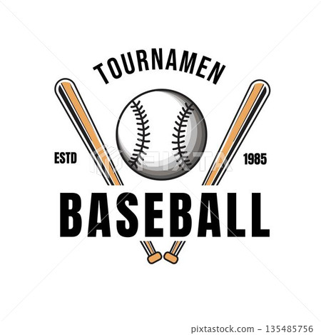 Vintage style Baseball Tournament Logo Design featuring crossed bat and ball symbols. Perfect for baseball tournaments, championships, leagues, and school competitions. 135485756
