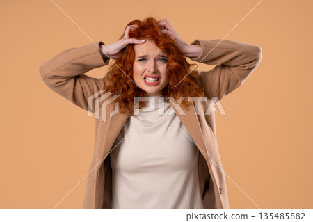 Nervous Pessimistic Woman In Stress, Panic, Despair.frightened Girl Feeling Fear 135485882