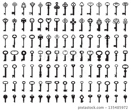 Set of black silhouettes of door keys on white background 135485972