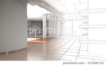 empty pavilion, interior visualization, 3D illustration empty pavilion, interior visualization, 3D illustration 135486138