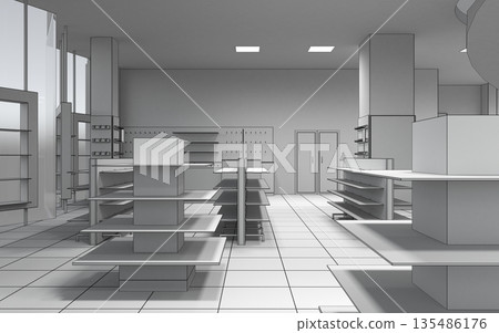 shopping mall, interior visualization, 3D illustration shopping mall, interior visualization, 3D illustration 135486176