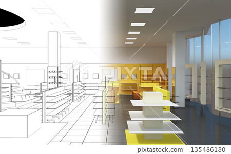 shopping mall, interior visualization, 3D illustration 135486180