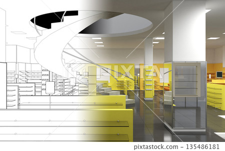 shopping mall, interior visualization, 3D illustration 135486181