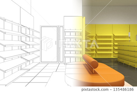 shopping mall, interior visualization, 3D illustration 135486186