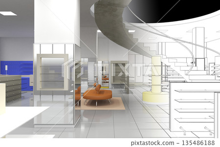 shopping mall, interior visualization, 3D illustration 135486188