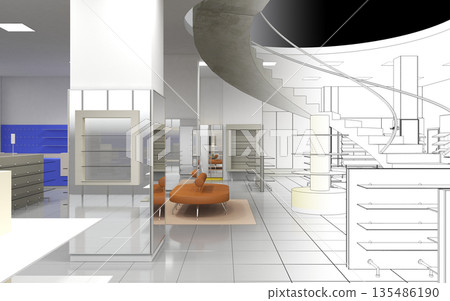 shopping mall, interior visualization, 3D illustration 135486190