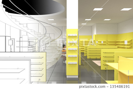 shopping mall, interior visualization, 3D illustration 135486191