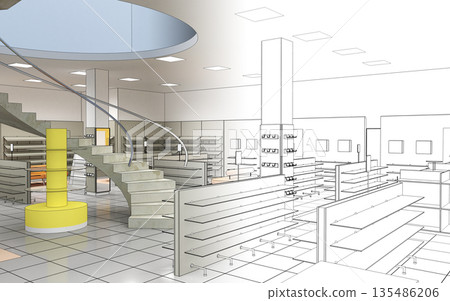 shopping mall, interior visualization, 3D illustration shopping mall, interior visualization, 3D illustration 135486206