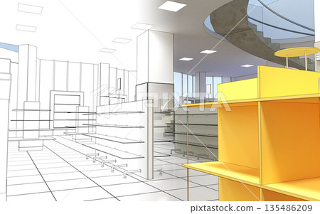 shopping mall, interior visualization, 3D illustration 135486209
