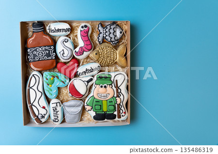 Set of ginger cookies. Cookies for the fisherman. Gift to the fisherman. 135486319