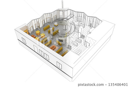 shopping mall, interior visualization, 3D illustration shopping mall, interior visualization, 3D illustration 135486401
