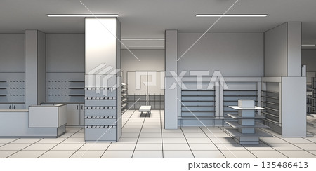 shopping mall, interior visualization, 3D illustration shopping mall, interior visualization, 3D illustration 135486413
