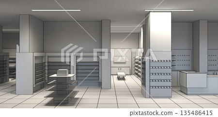 shopping mall, interior visualization, 3D illustration shopping mall, interior visualization, 3D illustration 135486415