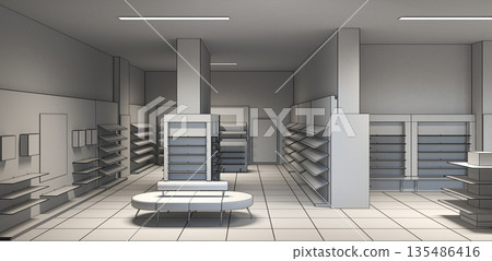 shopping mall, interior visualization, 3D illustration shopping mall, interior visualization, 3D illustration 135486416