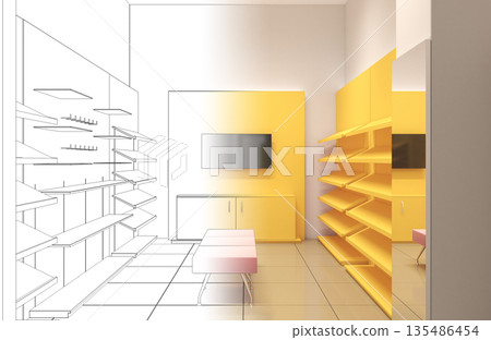 shopping mall, interior visualization, 3D illustration 135486454