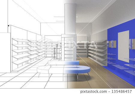 shopping mall, interior visualization, 3D illustration shopping mall, interior visualization, 3D illustration 135486457
