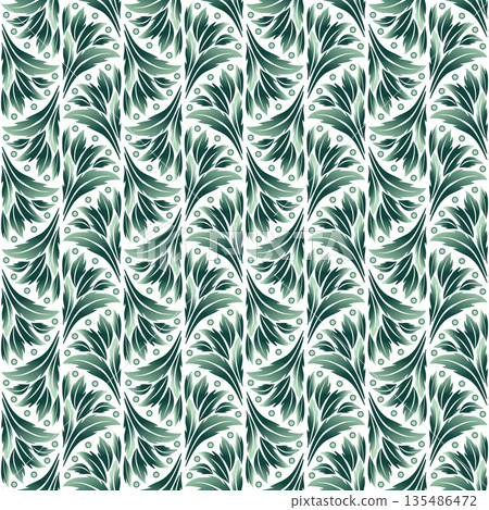Fans of green leaves on white background. Ornate refine green seamless pattern. Vintage plant ornamental background in calm colors Fans of green leaves on white background. Ornate refine green seamless pattern. Vintage plant ornamental background in calm colors 135486472