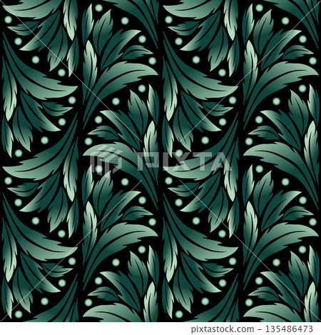 Fans of green leaves on black background. Seamless pattern of curved leaves. Vintage elegant plant design. Printing design for wallpaper, textile, etc Fans of green leaves on black background. Seamless pattern of curved leaves. Vintage elegant plant design. Printing design for wallpaper, textile, etc 135486473
