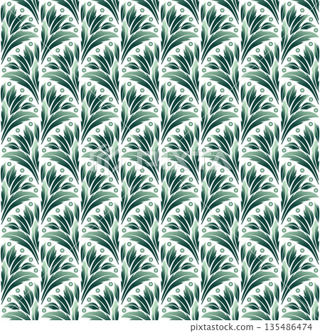 Ornate elegant green seamless pattern. Fans of green leaves on white background. Vintage plant ornamental background 135486474