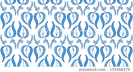 Blue curved leaves on white background pattern 135486479