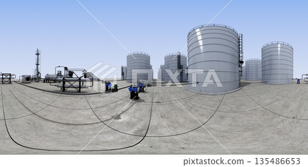 spherical panorama of the oil refinery, chemical production, waste processing plant, exterior visualization, 3D illustration spherical panorama of the oil refinery, chemical production, waste processing plant, exterior visualization, 3D illustration 135486653