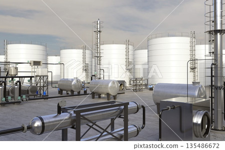 oil refinery, chemical production, waste processing plant, exterior visualization, 3D illustration, cg 135486672