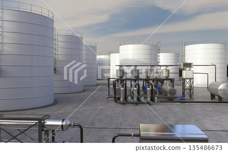 oil refinery, chemical production, waste processing plant, exterior visualization, 3D illustration, cg 135486673
