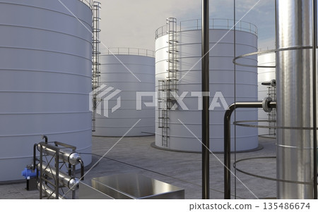 oil refinery, chemical production, waste processing plant, exterior visualization, 3D illustration, cg 135486674