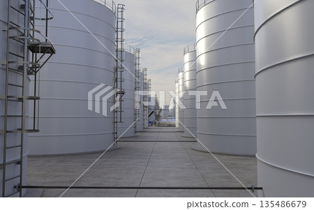 oil refinery, chemical production, waste processing plant, exterior visualization, 3D illustration, cg 135486679