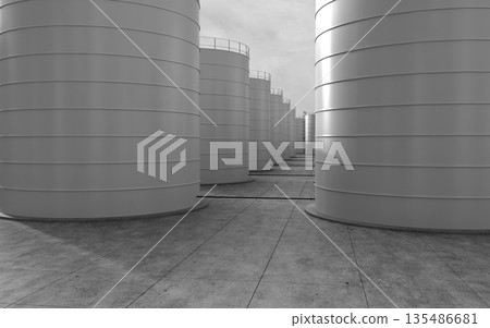 oil refinery, chemical production, waste processing plant, exterior visualization, 3D illustration, cg 135486681