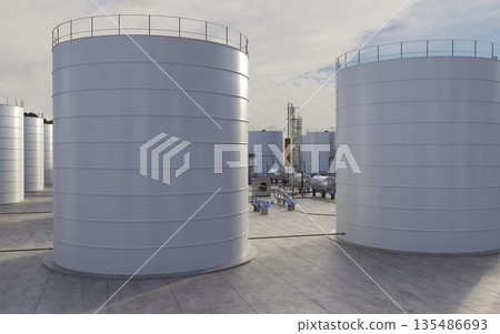 oil refinery, chemical production, waste processing plant, exterior visualization, 3D illustration, cg 135486693