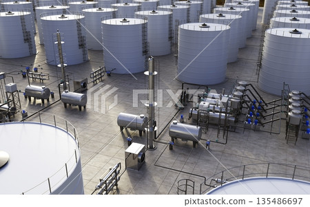 oil refinery, chemical production, waste processing plant, exterior visualization, 3D illustration, cg oil refinery, chemical production, waste processing plant, exterior visualization, 3D illustration, cg 135486697