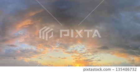 Colorful landscape with sky, sun and gold, red and dark clouds Colorful landscape with sky, sun and gold, red and dark clouds 135486732