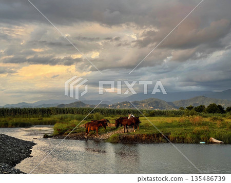 Summer landscape. Sunset sky with clouds, river, meadow, field, horses and mountains Summer landscape. Sunset sky with clouds, river, meadow, field, horses and mountains 135486739