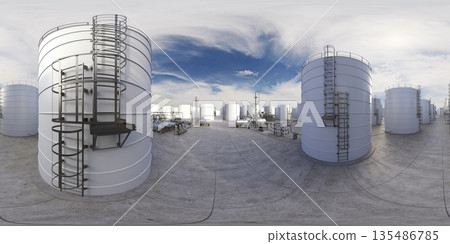 spherical panorama of the oil refinery, chemical production, waste processing plant, exterior visualization, 3D illustration spherical panorama of the oil refinery, chemical production, waste processing plant, exterior visualization, 3D illustration 135486785