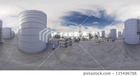 spherical panorama of the oil refinery, chemical production, waste processing plant, exterior visualization, 3D illustration spherical panorama of the oil refinery, chemical production, waste processing plant, exterior visualization, 3D illustration 135486786